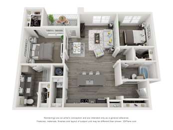 A 3D floor plan of a small apartment with a kitchen, living room, and bathroom.