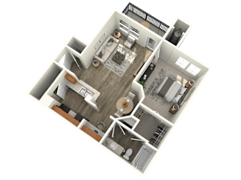 A 3D floor plan of a house showing a kitchen, living room, and two bedrooms.