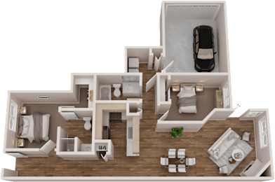 A 3D rendered image of a house layout with a car parked outside.