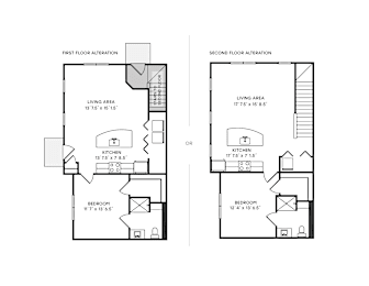 A floor plan shows two different layouts for a house, one with an altered first floor and one with an altered second floor.