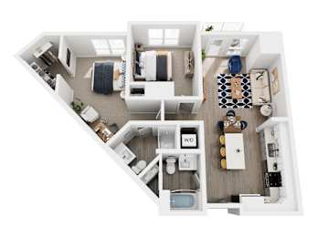 A top down view of a small apartment with a kitchen, living room, and bathroom.