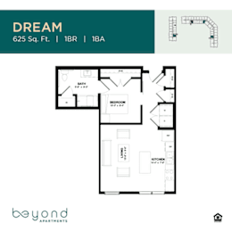 A floor plan for an apartment named DREAM is displayed, which includes a bedroom, living room, kitchen, and bathroom.