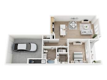 A top-down view of a modern apartment with a kitchen, living room, and a car parked in the garage.