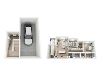 A top down view of a car and a floor plan of a house.