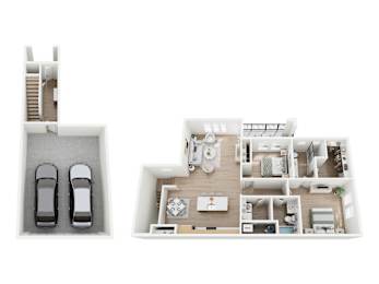A floor plan of a house with two cars parked in the garage.