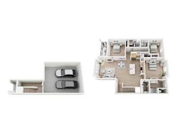 A floor plan of a two-bedroom apartment with a garage.
