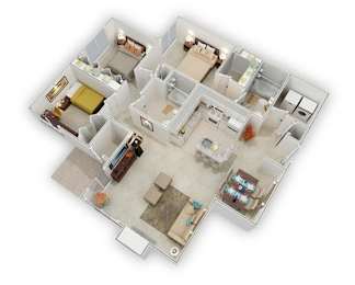 A 3D floor plan of a house with a living room, kitchen, dining room, and two bedrooms.