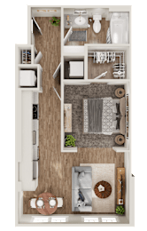 Floor Plan  A top-down view of a small apartment with a living room, kitchen, and bathroom.
