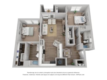a stylized floor plan with a bedroom and living room