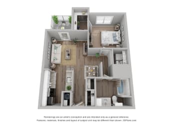 a stylized floor plan of a 1 bedroom apartment
