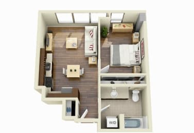a 3d floor plan of a room with a bedroom and a bathroom