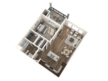 A 3D rendered image of a house layout.