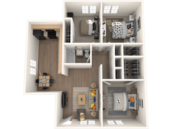 a 3d floor plan of a room with a bedroom and a bathroom at Westmount at Downtown Tempe, Tempe Arizona