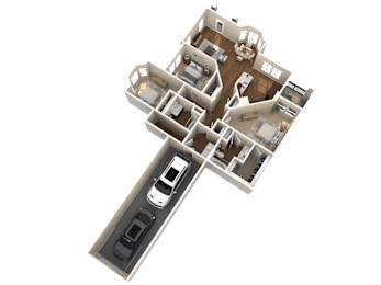 A 3D rendered image of a house layout with a garage and a driveway.