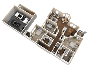 A 3D floor plan of a house with a garage and a separate entrance.