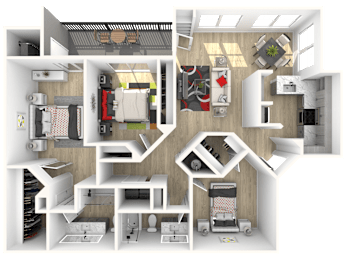 A 3D floor plan of a house with various rooms and furniture.