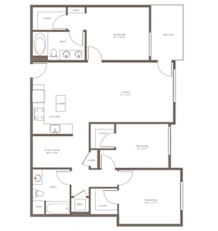 A floor plan of a house with two bedrooms, a study, an island, a kitchen, a bathroom, and a balcony.