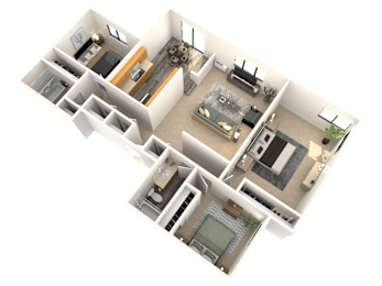 A 3D floor plan of a house layout.