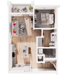 a 3d drawing of a bedroom with a bathroom and a living room