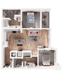 a 3d floor plan of a bedroom with a bathroom and a living room