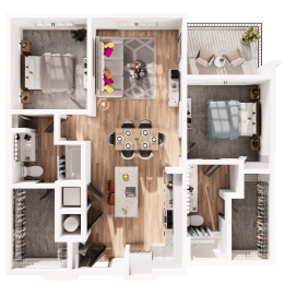 a 3d drawing of a bedroom with a living room and a dining room