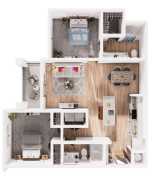 a 3d drawing of the interior of a house with a bedroom and living room