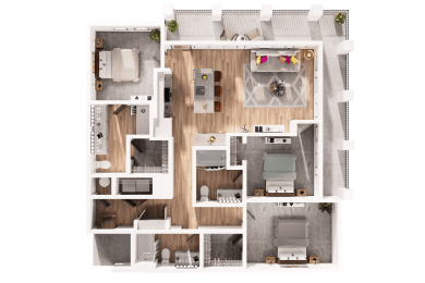 a 3d floor plan of a house with a bedroom and a living room