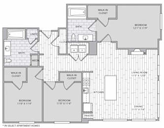 A floor plan of an apartment with two bedrooms, a living room, a kitchen, a bathroom, a pantry, and a walk-in closet.