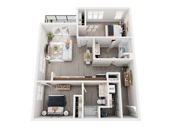 A top-down view of a small apartment layout with a kitchen, living room, and bathroom.