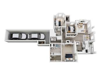 A white model of a house with various rooms.