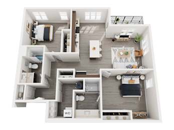 A top-down view of a small apartment layout with a living room, kitchen, and bedrooms.