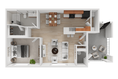 A top-down view of a modern apartment layout with a kitchen, living room, and bathroom.