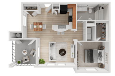 A top-down view of a modern apartment layout.