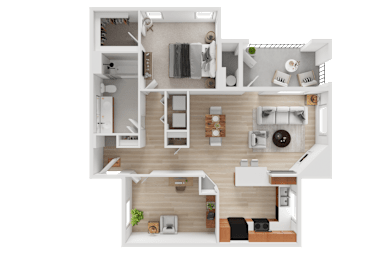 A top-down view of a house layout with a kitchen, living room, and two bedrooms.