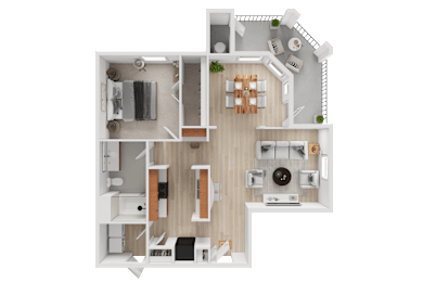 A top-down view of a house layout with a kitchen, living room, and two bedrooms.