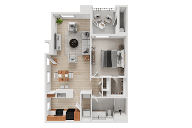 A top-down view of a small apartment with a kitchen, living room, and bedroom.