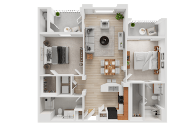 A top-down view of a modern apartment layout.