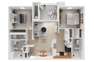 A detailed 3D floor plan of a modern apartment layout.