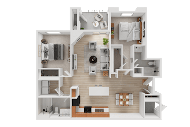 A 3D floor plan of a house showing a kitchen, living room, dining area, and bedrooms.