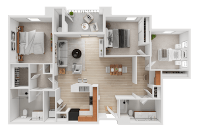 A detailed 3D floor plan of a modern apartment layout.