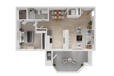 A top-down view of a modern apartment layout.