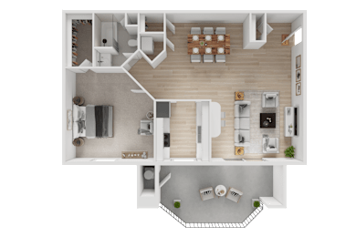 A top-down view of a house layout with a living room, kitchen, and two bedrooms.