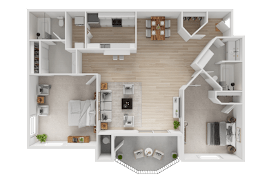 A detailed 3D floor plan of a modern apartment layout.