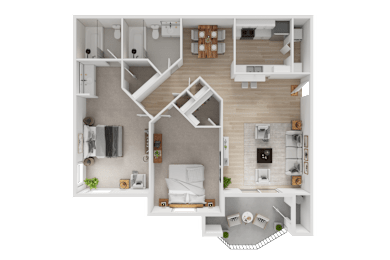 A detailed 3D floor plan of a modern apartment.
