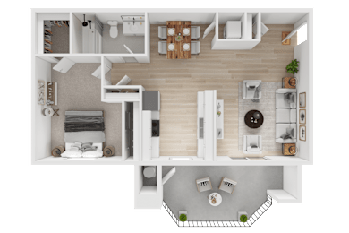 A top-down view of a modern apartment layout with a kitchen, living room, and bedrooms.
