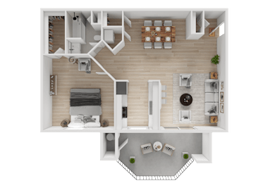 A top-down view of an apartment with a kitchen, living room, bedroom, and bathroom.