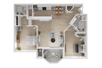 A detailed 3D floor plan of a modern apartment.