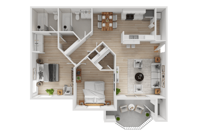 A 3D floor plan of an apartment with a kitchen, living room, bedroom, and bathroom.