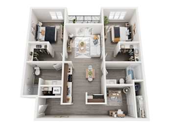 A top down view of a small apartment with a kitchen, living room, and two bedrooms.