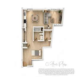 A floor plan of a small apartment with a kitchen, living room, and bathroom.